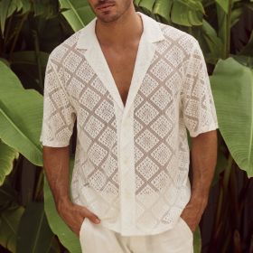 Fashion Mens Clothing Men's Hollow-out Breathable Short-sleeved Lapel Casual Shirt (Option: White-S)